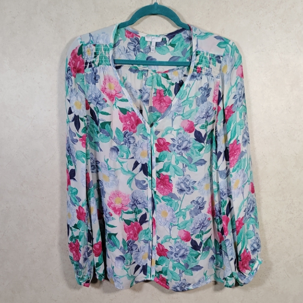 H148 Joie pink & blue floral print v-neck long sleeve silk blouse M